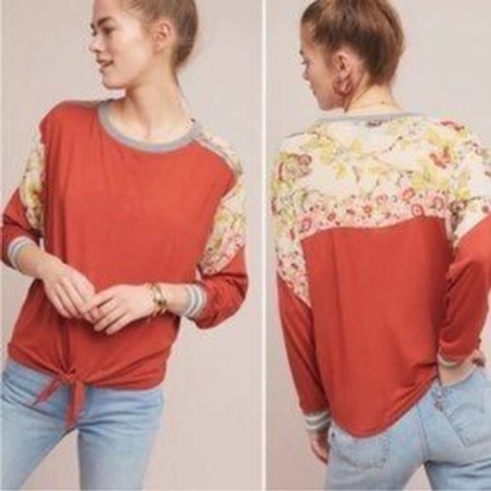 Anthropologie TINY Rust Floral Mixed Media Tie Front Long Sleeve Shirt S Boho